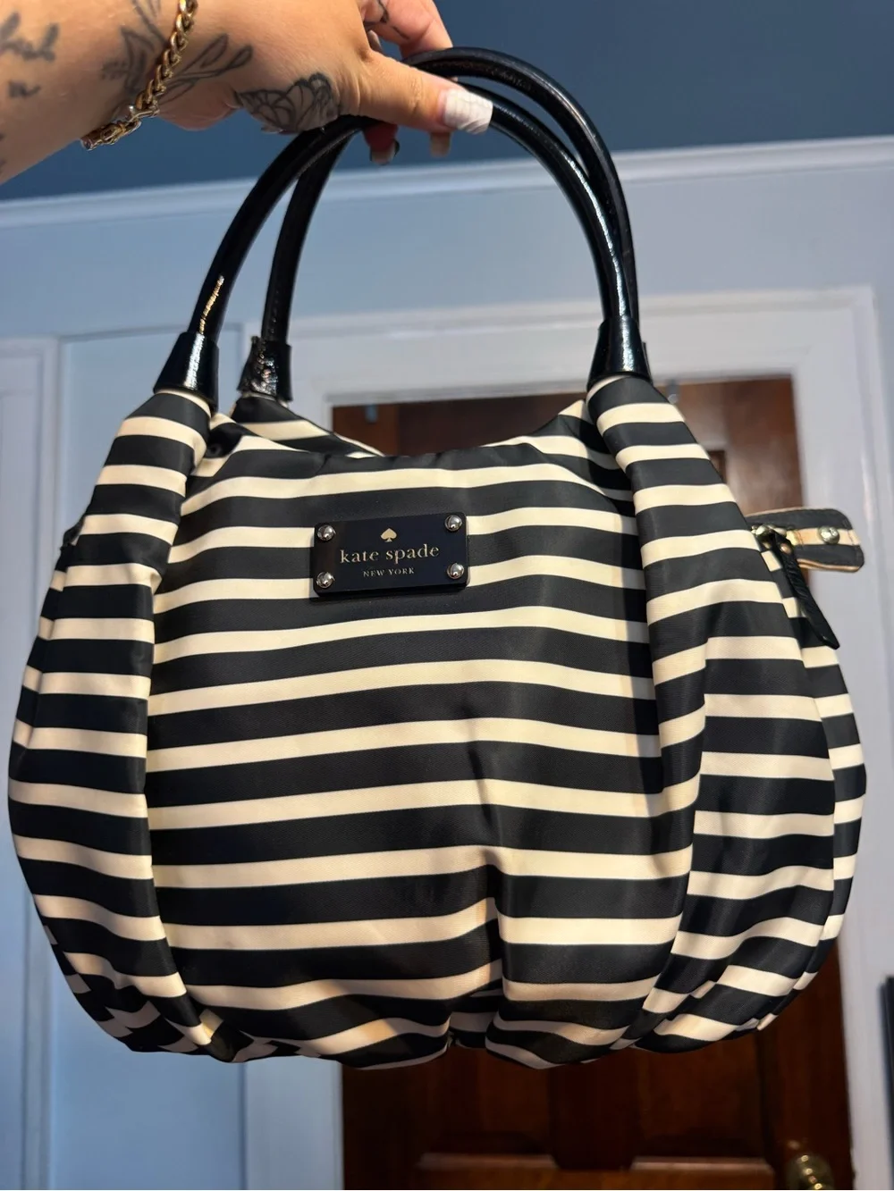 kate spade Black and Cream Striped Shoulder Bag